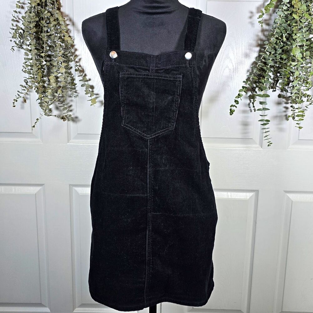 Forever 21 Black Corduroy Overall Mini Dress Womens Sz S Button Pockets